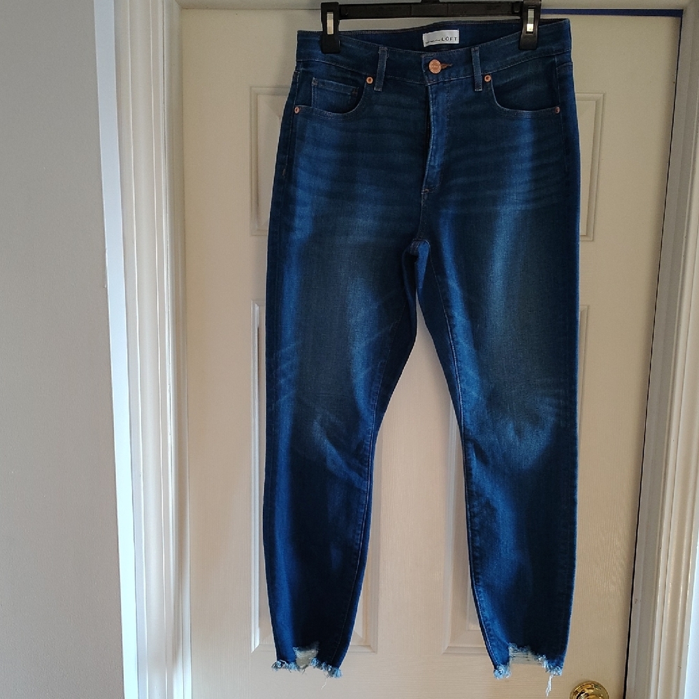 LOFT Dark Blue Cropped Jeans with Raw Hem